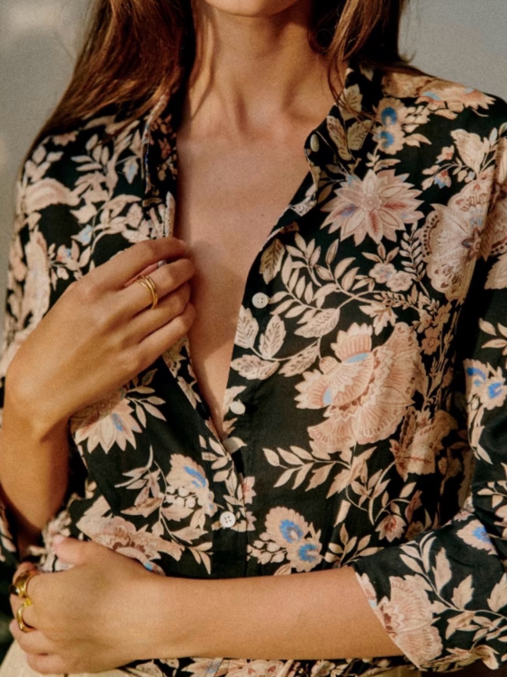 Sezane Floral Button-Down Women's Top in Dark Green and Blush size 10